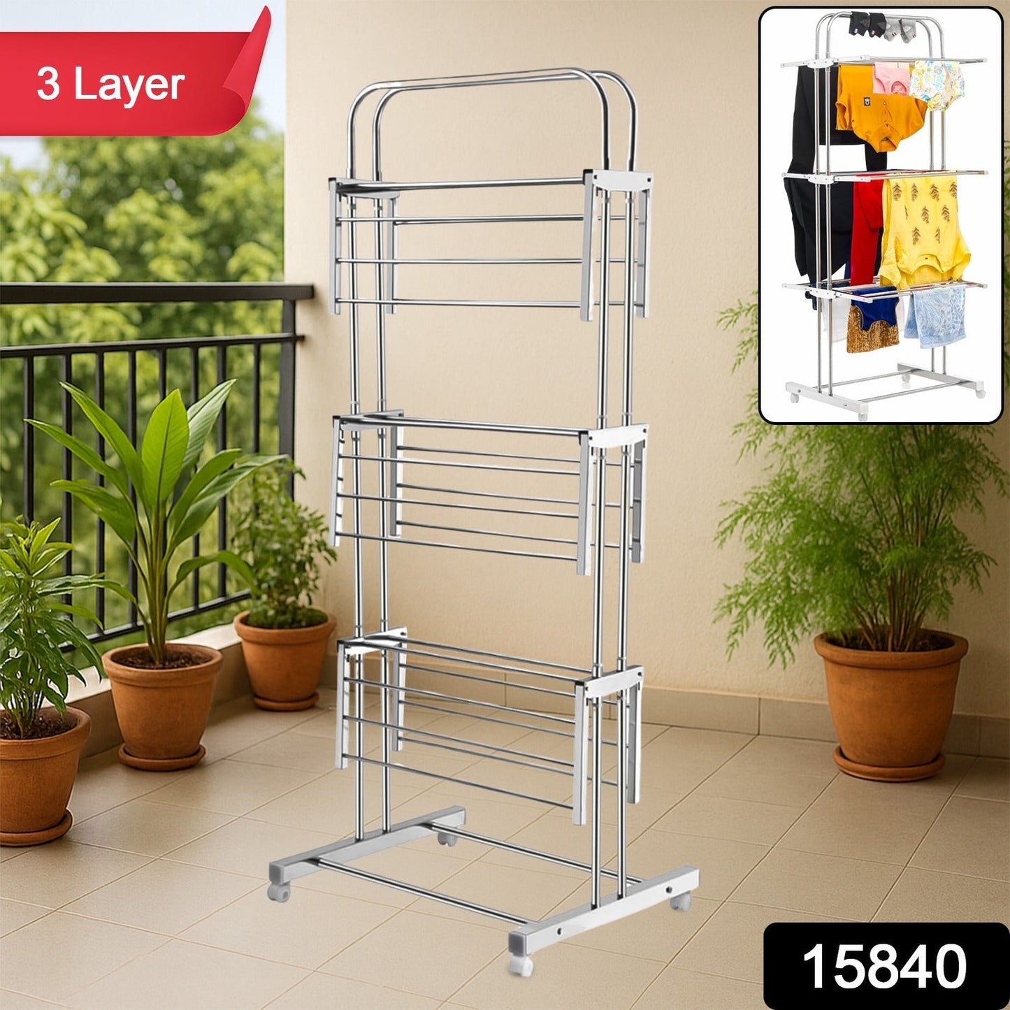 3 Layer Foldable Stainless Steel Cloth Drying Stand with Wheels