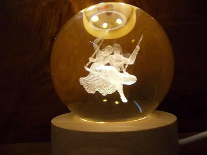 3D Engraved Crystal Ball LED Night Lamp with Romantic Couple on Swing – Warm Light Decorative Showpiece on Wooden Base – Unique Valentine’s, Anniversary, or Wedding Gift for Bedroom, Living Room & Home Décorn Base